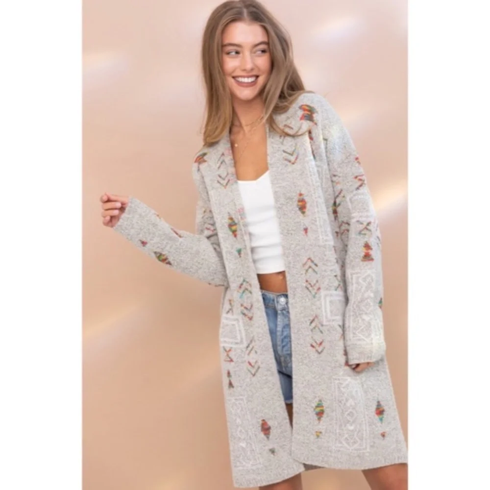 SOLD OUT Gray Colorful Aztec Tribal Western Marled Open Knit Cardigan Long - Picture 6 of 9